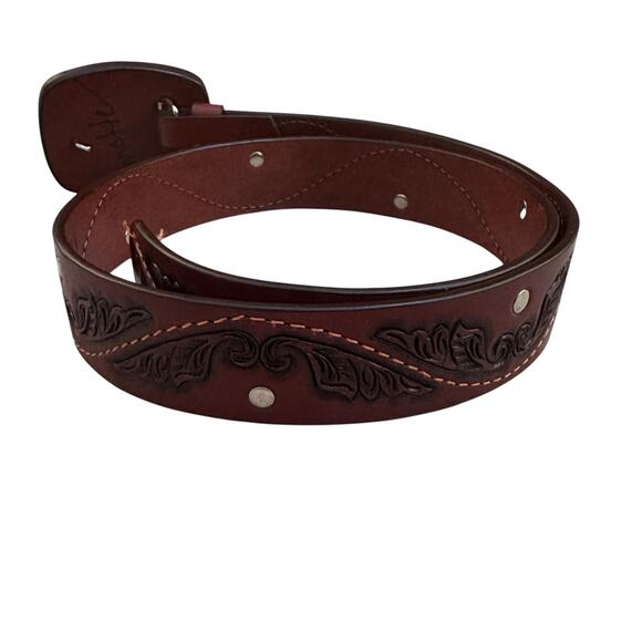 VTG Tooled Leather Belt Western Boho Cross Buckle Studded Brown Sz 34 main image 5